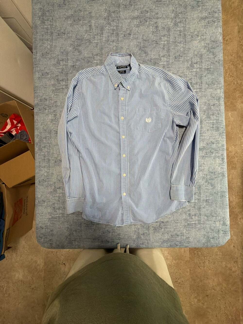 Chaps Long Sleeve Gingham Button Down Shirt Size L Blue White Stretch